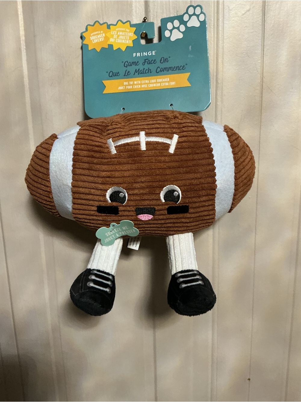 Fringe Football - Game Face On , Clinker & Squeaky Plush Dog Toy With Legs 10”